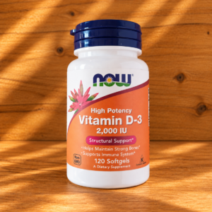 NOW Vitamin D-3 Bottle in Warm Sunlight